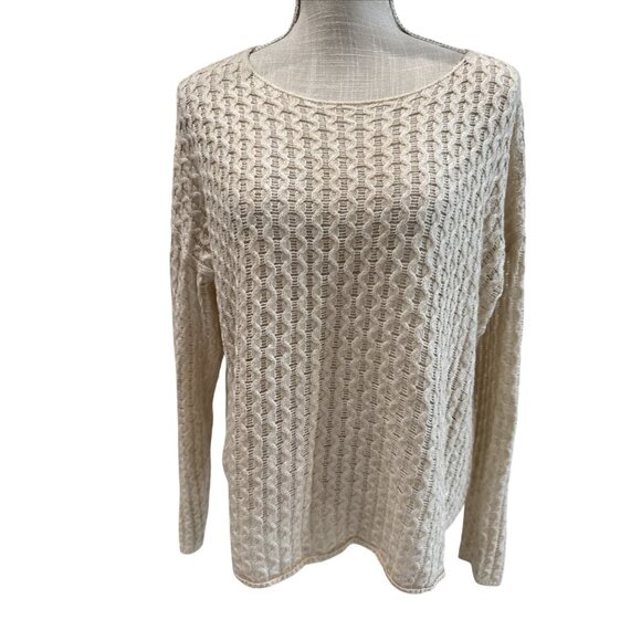 JCP Ivory Open-Knit Round Neck Long Sleeve Women's Sweater Size L - Picture 1 of 8